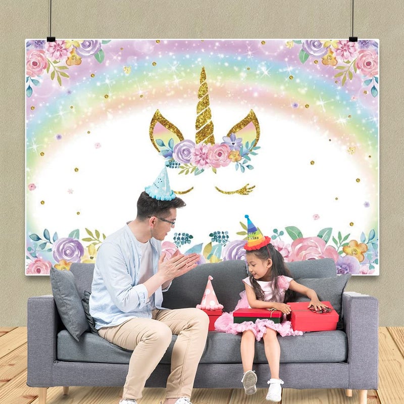 DASHAN 7x5ft Polyester Unicorn Backdrop Rainbow Baby Girl 1st Birthday Cake Smash Glitter Gold Sequins Rustic Flower Photography Background Flower Unicorn Birthday Party YouTube Photo Prop - Image 2